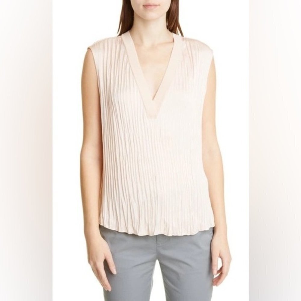 Vince. Crushed sleeveless double v neck blouse in French rose new